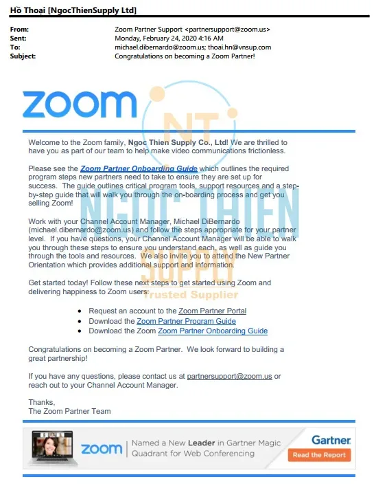 Thư Chúc Mừng đến Mr. Hồ Thoại – Công ty TNHH Cung Ứng Ngọc Thiên với tiêu đề: “Congratulations on becoming a Zoom Partner! ” Nội dung bức thư.