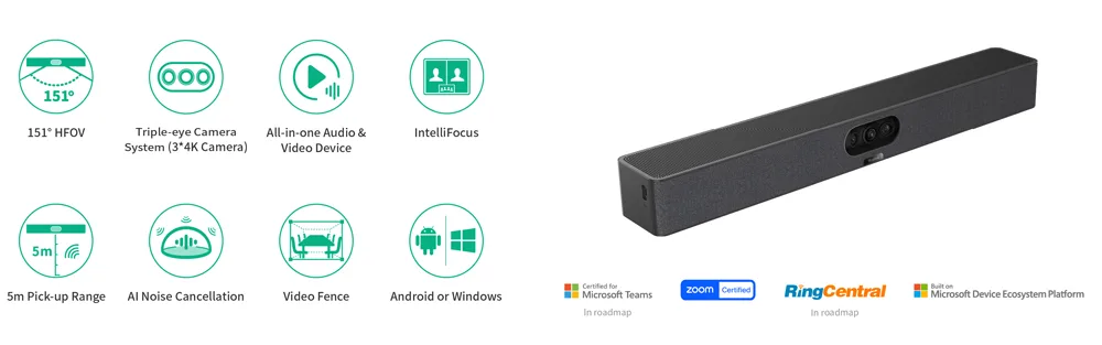 Hình ảnh thanh cộng tác video Yealink MeetingBar A25 với các biểu tượng tính năng nổi bật như góc nhìn 151°, hệ thống ba camera 4K, khử tiếng ồn AI, và tương thích Microsoft Teams, Zoom, RingCentral.
