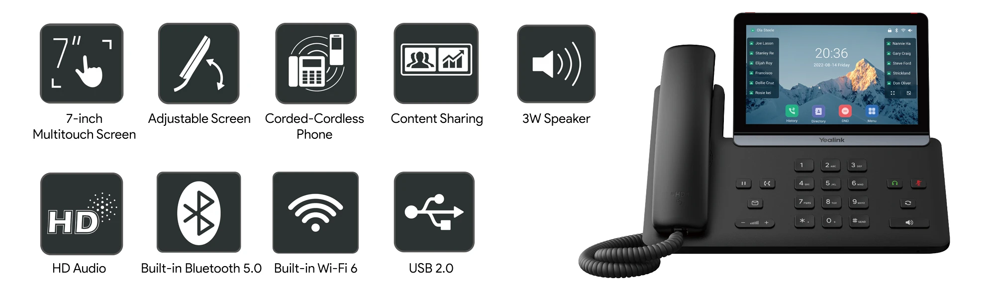 Hình ảnh điện thoại IP Yealink SIP-T87W hiển thị các tính năng nổi bật như màn hình cảm ứng 7 inch, loa 3W, Bluetooth 5.0, Wi-Fi 6 và cổng USB 2.0.