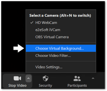 Đầu tiên, nhấp vào mũi tên trên tab Video và chọn Choose Virtual Background.