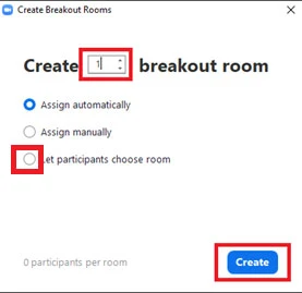 Tại ô Create breakout room – Nhập số lượng phòng mà bạn muốn tạo, tối đa 50 phòng