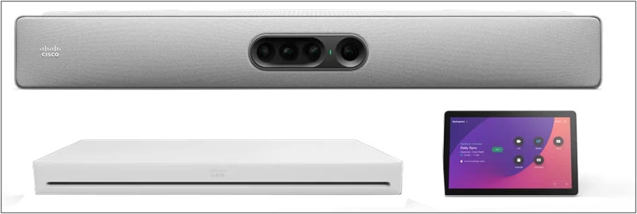 Các thành phần chính của gói Cisco Room EQ: Cisco Codec EQ, Cisco Quad Camera và bộ điều khiển cảm ứng Cisco Room Navigator.