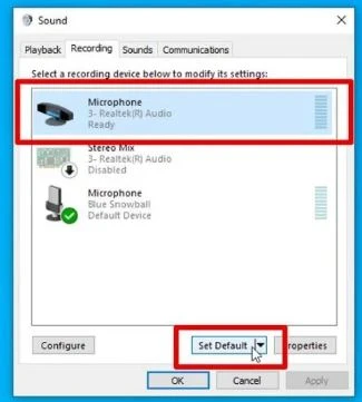 Nhấp chuột trái vào thiết bị của bạn, sau đó nhấp vào Set Default.