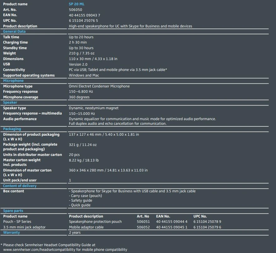 Thông số kỹ thuật của Epos SP20 ML