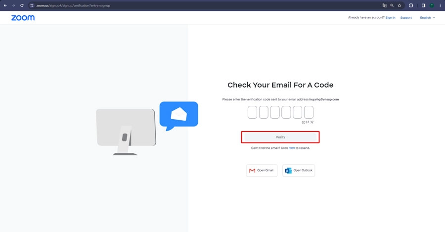 Vào hộp thư mail của bạn, lấy mã code nhập vào, sau đó nhấn Verify