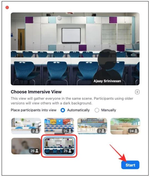 Sau khi tải ảnh hoàn tất, click nút Start bên trong popup để thiết lập nó làm cảnh nền mặc định cho chế độ Immersive View trên Zoom