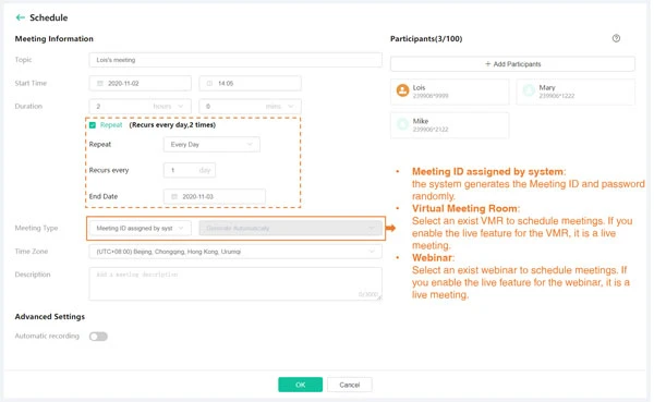 Nhấp vào  Lịch biểu  và chuyển đến trang Lập lịch hội nghị.
