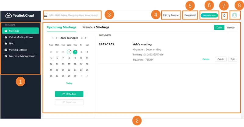 Giao diện trang chủ Yealink Meeting