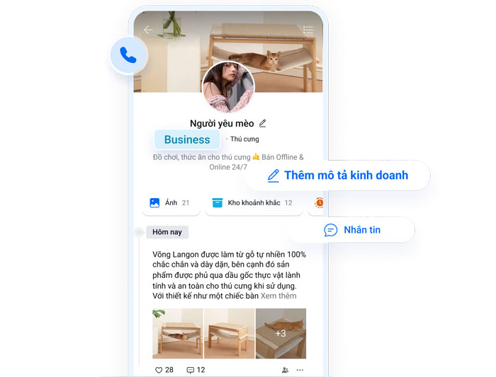 Zalo Business - Hồ sơ kinh doanh và nhật ký cá nhân