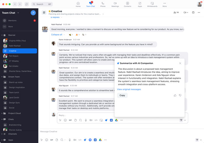 AI Companion cũng có thể giúp tóm tắt các chuỗi trò chuyện, nhanh chóng giúp bạn bắt kịp các cuộc thảo luận dài trong cuộc trò chuyện trong khi bạn đang tập trung vào việc khác.