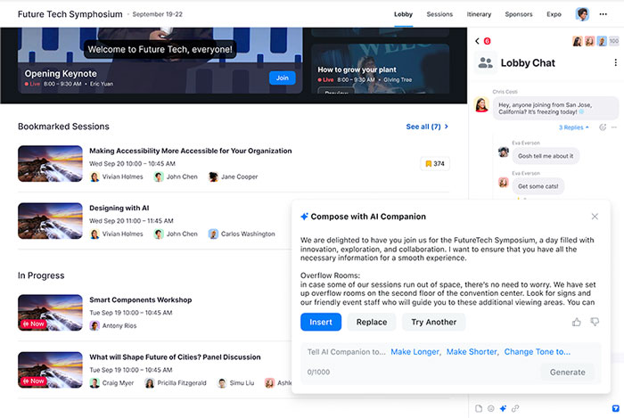 Những người tham gia Sự kiện Zoom có ​​thể sử dụng AI Companion để soạn tin nhắn trò chuyện cho cuộc trò chuyện tại sảnh.