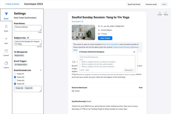 Người tổ chức Sự kiện Zoom cũng có thể nhận trợ giúp về việc soạn nội dung email , dòng chủ đề, tiêu đề và lời kêu gọi hành động, sử dụng ngữ cảnh từ mô tả Sự kiện Zoom của bạn và/hoặc cung cấp lời nhắc cụ thể hơn.