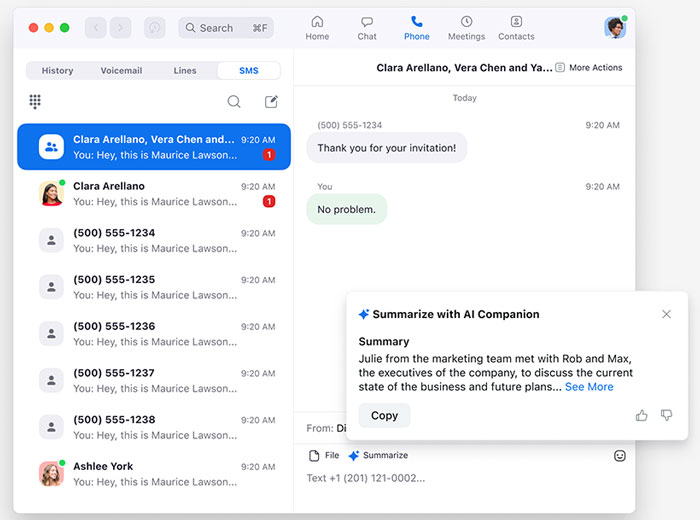 Sử dụng Chuỗi SMS tóm tắt với AI Companion để cho phép các thành viên trong hàng đợi cuộc gọi và nhân viên lễ tân tự động tóm tắt các chuỗi SMS của họ bằng Zoom AI Companion để nhanh chóng hiểu cuộc trò chuyện và đưa ra phản hồi của họ.
