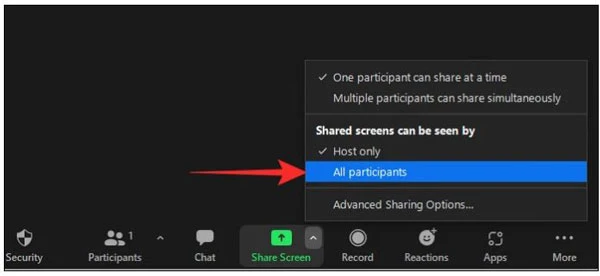 Khi menu bật lên, hãy nhấp vào All participants dưới biểu ngữ Shared screens can be seen by.