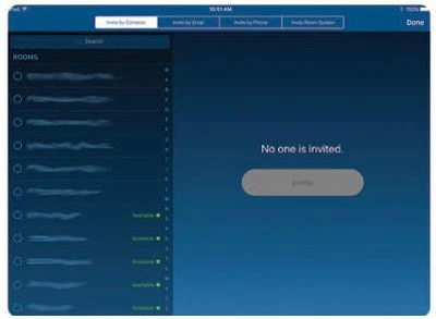 Tìm kiếm theo tên hoặc cuộn để tìm phòng, danh bạ hoặc điểm cuối H.323 / SIP. Nhấp vào Invite.