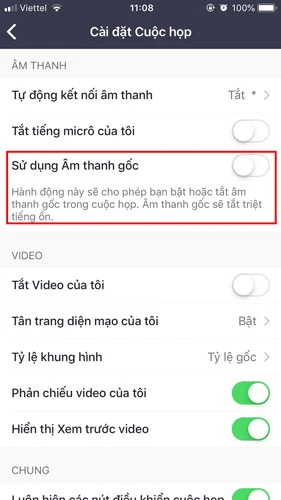 Nhấn vào nút chuyển đổi để bật Sử dụng âm thanh gốc.