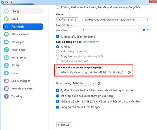 Trong phần Âm nhạc và Âm thanh chuyên nghiệp, hãy chọn Hiển thị tùy chọn trong cuộc họp để bật "Âm thanh gốc"