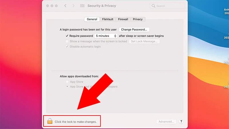 Nhấp vào biểu tượng khóa ở góc dưới bên trái màn hình, nhập mật khẩu để Unclock.
