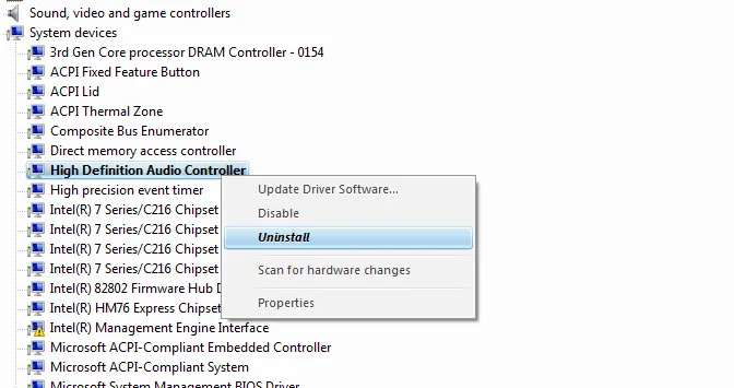 Trong cửa sổ Device Manager, kích chuột phải vào High Definition Audio Controller rồi chọn Uninstall.