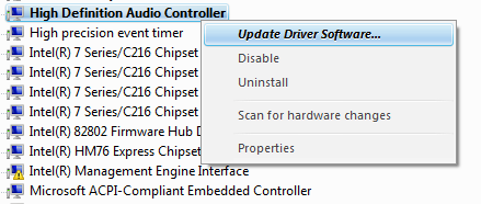 Tại giao diện Device Manager, nhấp chuột phải vào High Definition Audio Controller rồi chọn Update Driver Software như hình dưới.
