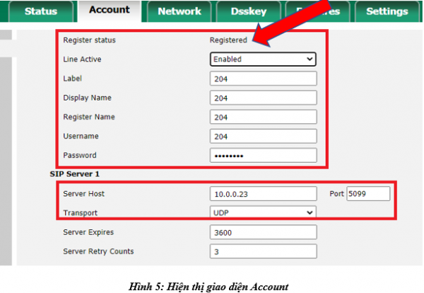 Bước 2: Cấu hình tài khoản SIP được cấp vào điện thoại IP
