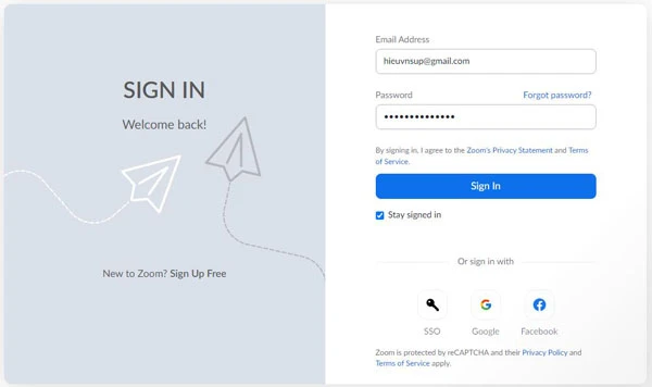 Nhập Email và Mật khẩu Zoom của bạn