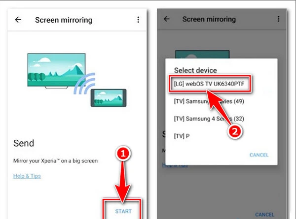 Nhấn nút Bắt Đầu (Start) trên điện thoại, tìm kiếm và lựa chọn tên thiết bị Tivi mà bạn muốn kết nối