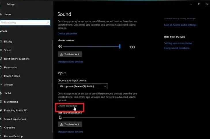 Nhấp vào phần Sound. Trong phần Input, hãy chọn tùy chọn Device properties