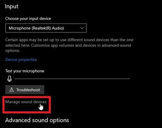 Nhấp vào phần Sound. Trong phần Input, hãy chọn tùy chọn Manage sound devices