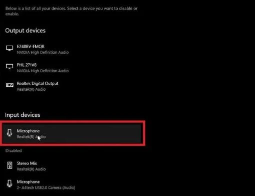 Trong phần Input Devices, hãy chọn micrô