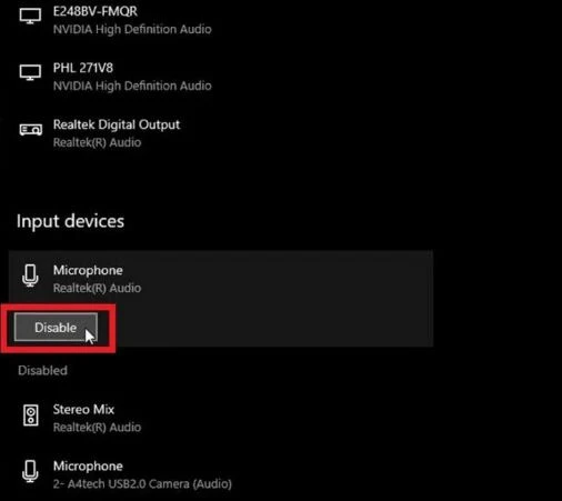 Nhấp vào nút Disable/Enable để tắt hoặc bật thiết bị tương ứng