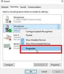 Nhấp vào tab Recording. Chọn Microphone và nhấp vào nút Properties