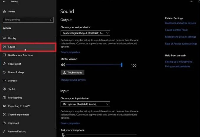 Mở Cài đặt & Nhấp vào phần System và chọn phần Sound