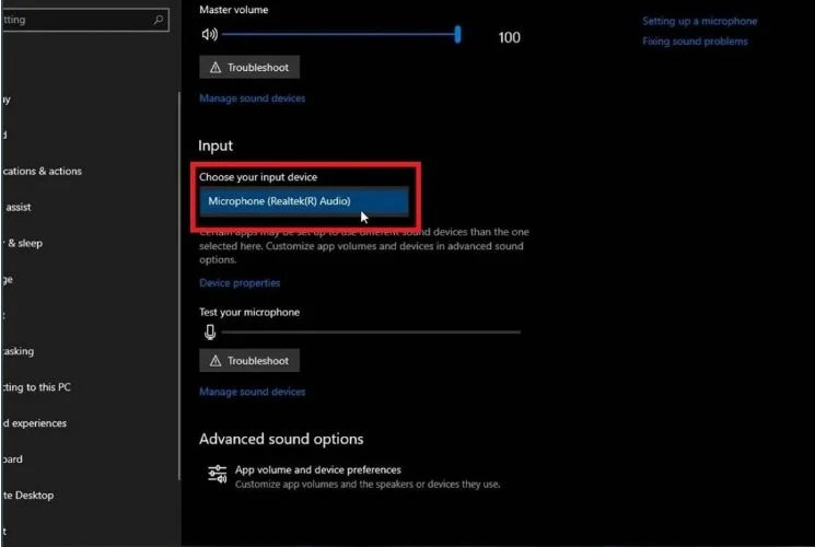 Trong phần Input, hãy chọn Choose your input device, sau đó chọn micrô hoặc thiết bị ghi âm bạn muốn sử dụng