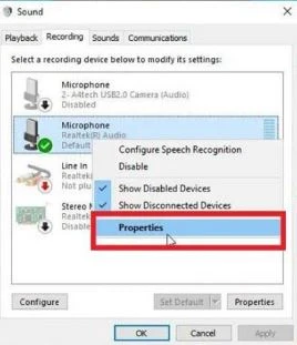 Nhấp vào tab Recording, tìm thiết bị bạn đang sử dụng và chọn tùy chọn Properties