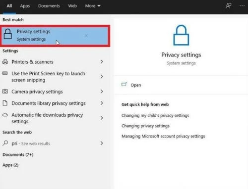 Tìm kiếm Privacy settings trong menu bắt đầu