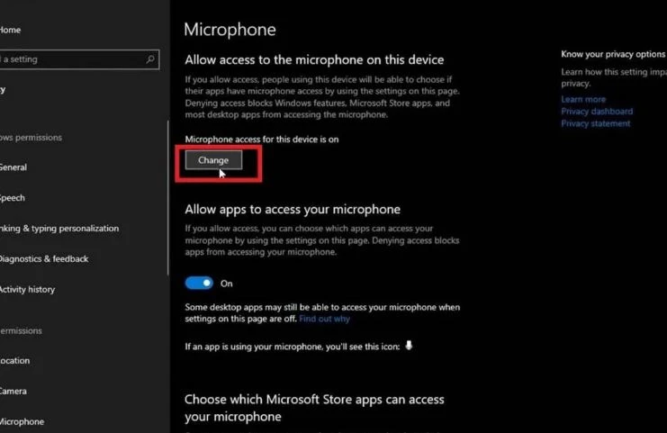 Nhấp vào nút Change và bật công tắc bật tắt chính để cho phép những ứng dụng nào có thể có quyền truy cập vào micrô của bạn
