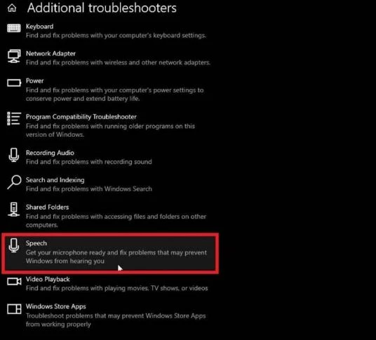 Chọn tùy chọn Speech và Chạy trình khắc phục sự cố cho micrô tích hợp của bạn