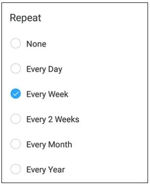 Chọn từ năm tùy chọn - hàng ngày, hàng tuần, mỗi tuần luân phiên, hàng tháng và hàng năm.