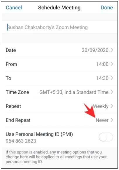 Sau khi chọn khung lặp lại, bạn cũng có thể nhấn vào End Repeat và chọn ngày kết thúc của cuộc họp 