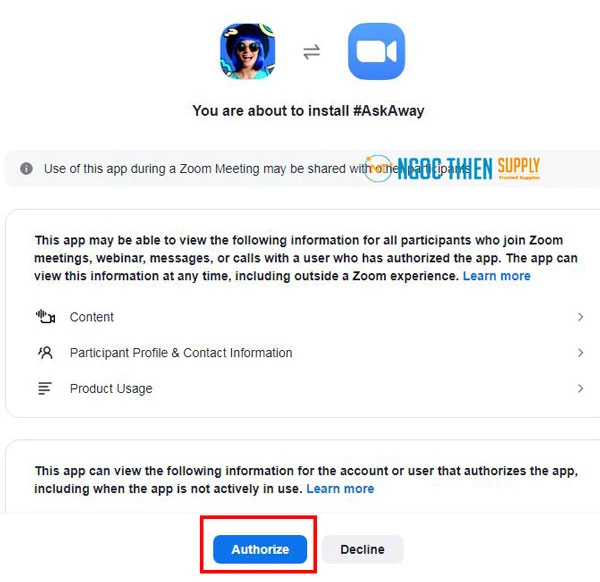 Nhấn Authorize để cấp quyền truy cập Zoom