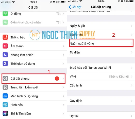 Bạn nhấn Cài đặt chung (General) > Ngôn ngữ và (Language & Region)