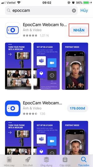 Truy cập App Store trên iPhone, tìm và tải về ứng dụng Epoc Cam