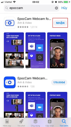 Truy cập App Store trên iPhone, tìm và tải về ứng dụng Epoc Cam