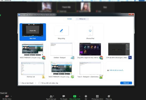 Tại đây, hãy lựa chọn tab màn hình đang mở mà bạn muốn chia sẻ và chọn Share.