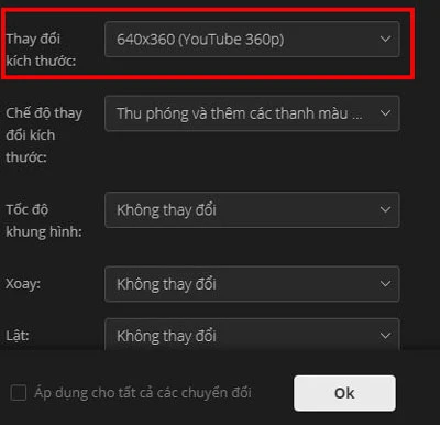 Nhấp vào Thay đổi kích thước. Và sau đó chọn tùy chọn 640 × 360 (YouTube 360p)