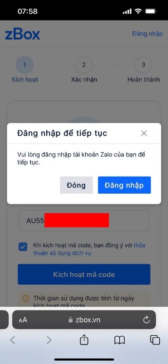 Nhấn nút "Kích hoạt mã code" để xác nhận mã. Và tiến hành đăng nhập tài khoản Zalo của bạn để tiếp tục.