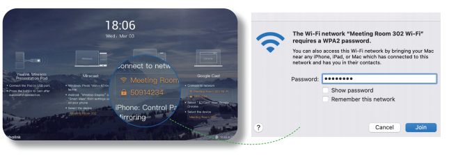 Bước 1: Nhấp vào biểu tượng Wi-Fi trên thanh menu, sau đó chọn mạng do RoomCast cung cấp từ menu để kết nối.
