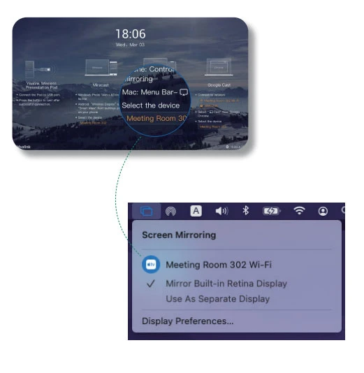 Bước 2: Nhấp vào thanh menu, chọn Screen Mirroring, chọn tên thiết bị của RoomCast, nhập mã PIN hiển thị trên màn hình kết nối với RoomCast..
