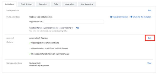 Cuộn xuống Invite Attendees và chọn Chỉnh sửa ở bên phải Approval Options.